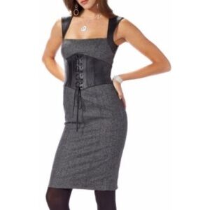 Bebe Y2K Wool Corset Bodycon Dress w/ Leather Trim Size 10 Black Vintage